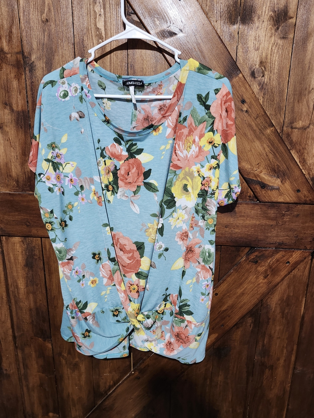 HEIMISH USA Light Blue Floral Twist-Front Short Sleeve Top